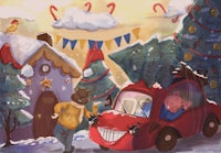 a cartoon of a red car with a christmas tree on it
