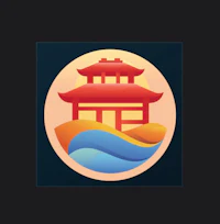 a logo with a chinese temple in the background