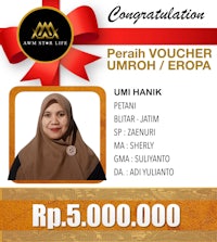 a woman wearing a hijab with the words'perah voucher umpoh eropa'