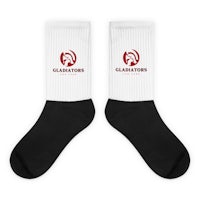 a pair of black and white socks with the word gladiators on them