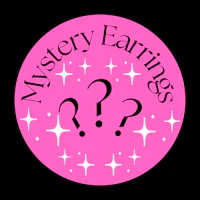 a pink circle with the words mystery earrings on it