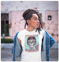 a woman wearing a t - shirt with an image of a skeleton