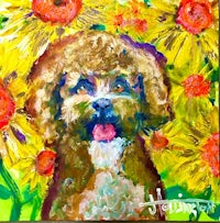 a painting of a poodle in sunflowers