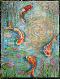 a painting of koi fish swimming in a pond