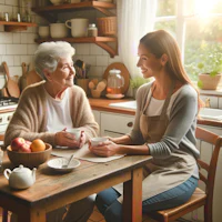 a woman talking to an elderly woman in a kitchen