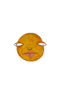 an orange face with eyes on a black background