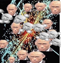 russian president vladimir putin is surrounded by many heads