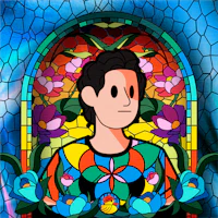 a stained glass image of a man with flowers