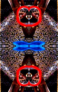 a psychedelic image of a cat with a red heart