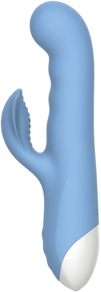 a blue and white sex toy on a white background