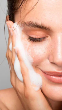 a woman is putting foam on her face