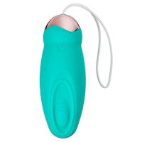 a teal vibrator with a pink cord attached to it