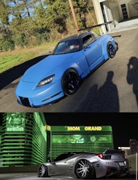two pictures of a blue sports car parked in front of a building