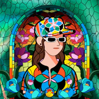 a woman wearing a hat and sunglasses in front of a stained glass window