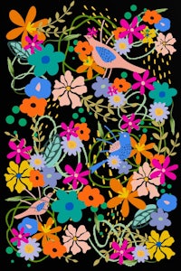 a colorful illustration of birds and flowers on a black background