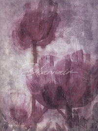 a painting of purple flowers on a grungy background