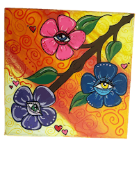 a painting with three flowers on a branch