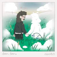 a drawing of a couple holding hands in a field of clouds