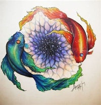 two koi fish in the center of a flower
