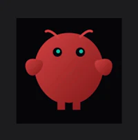 a red icon with green eyes on a black background