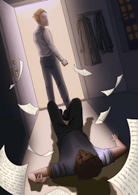 a man laying on the floor with papers flying around him