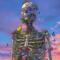 a skeleton surrounded by flowers and birds