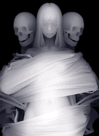 a black and white image of a woman with skeletons around her