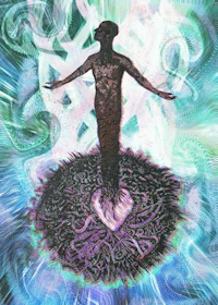 a painting of a man standing on top of a flower