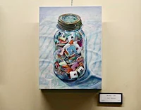 a painting of a mason jar filled with pieces of paper