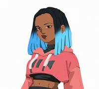 a girl with blue dreadlocks and a pink hoodie