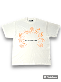 a white t - shirt with orange hands on it