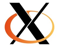 an orange and black logo with the letter x