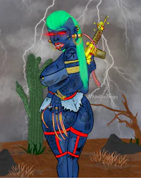 an image of a woman holding a gun in the desert