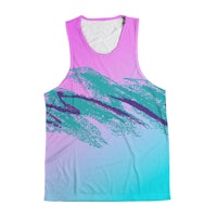 a tank top with a pink, blue and purple design