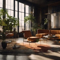 a living room with lots of furniture and plants