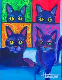 a painting of three cats in a colorful background