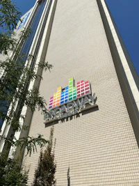 a building with a colorful sign on it