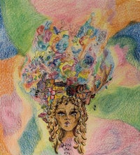a drawing of a woman with a colorful head