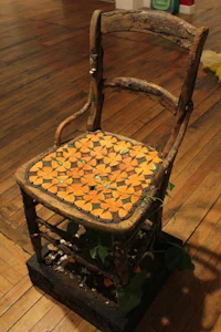 an old wooden chair with a plant on it