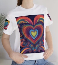 a woman wearing a t - shirt with a colorful heart design