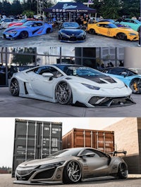 a series of photos of different sports cars parked in front of a truck