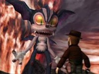 a man and a demon standing in front of a fire