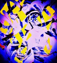 an abstract painting with yellow and blue flowers