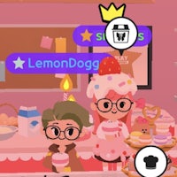an animal crossing game with two people in a kitchen
