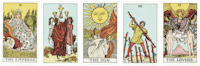 four tarot cards are shown in a row