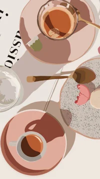 an illustration of a coffee table with plates, cups and saucers