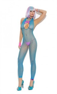 a woman in a blue fishnet bodysuit posing