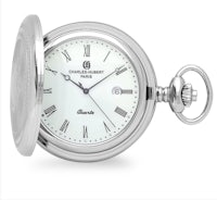 a silver pocket watch with roman numerals