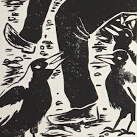 a black and white print of a man walking with crows