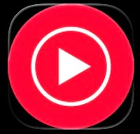 a red and white icon with a play button